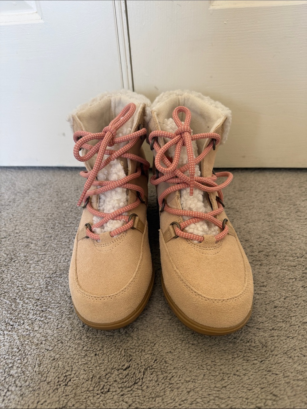 Sorel Kids Tan Suede-Look Boots with Pink Laces